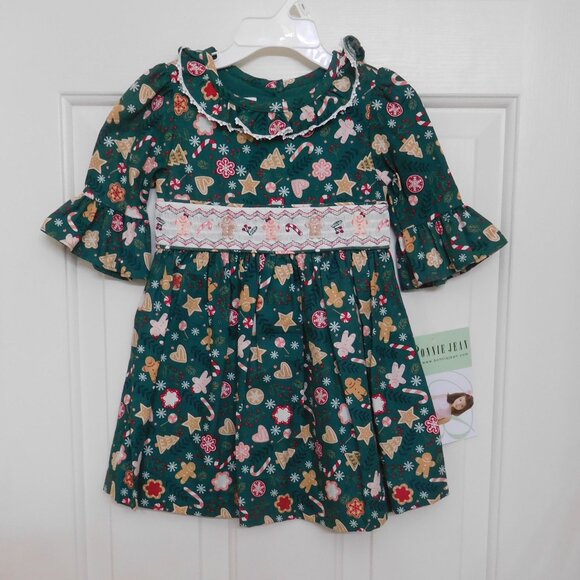 NWT Bonnie Jean Green Christmas Tree Cookie Candy Cane Smocked Dress sz 2t - Picture 1 of 1